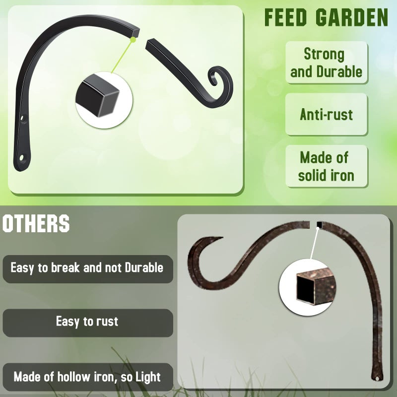FEED GARDEN حامل نباتات معلق 2 عبوة 14 بوصة خطاف حائط زخرفي لتعليق الطيور، أجراس الرياح، سلال النباتات، أسود - Image 4
